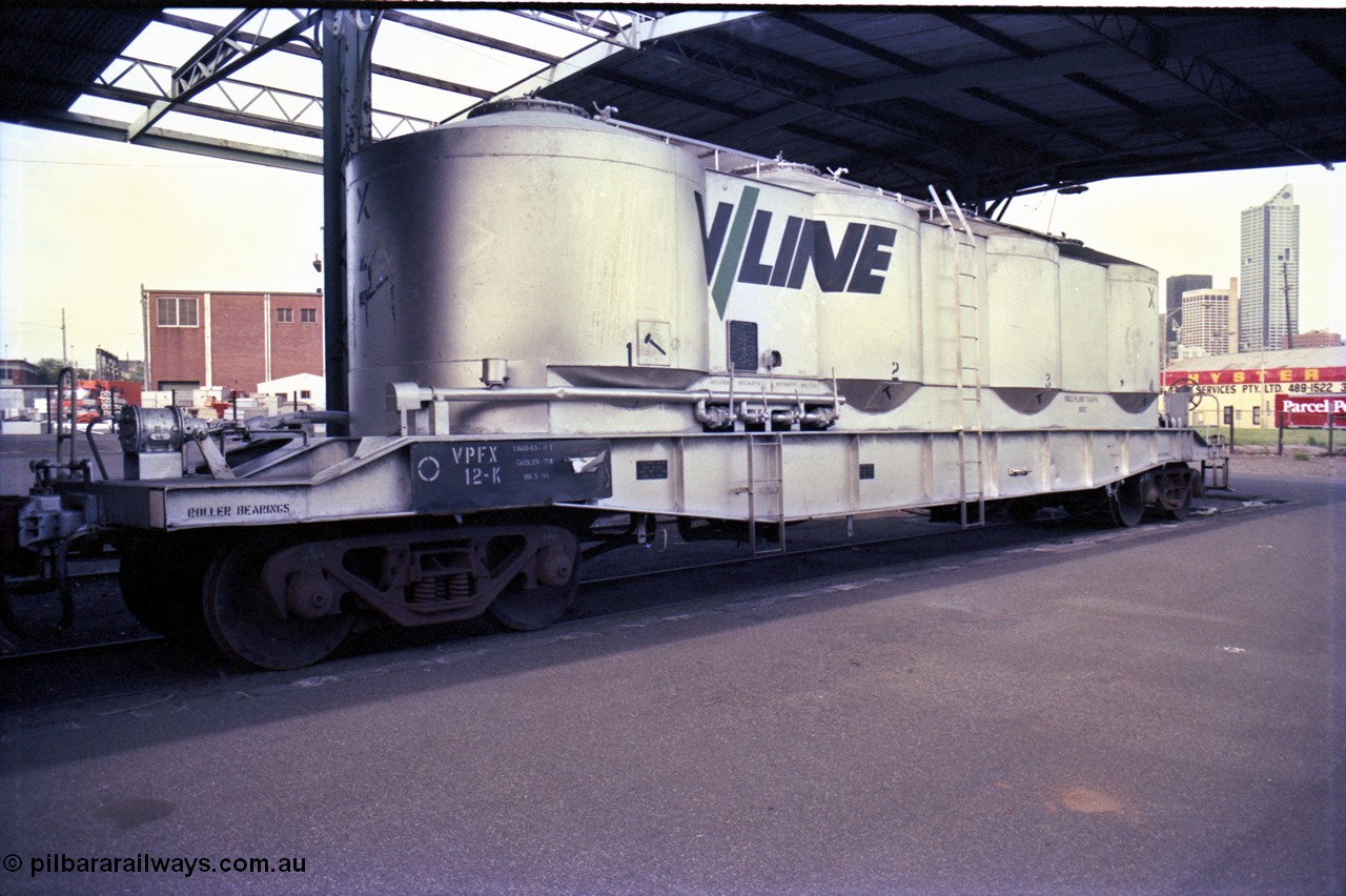 162-3-14
Melbourne Yard, No.10 Goods Shed, PTC Open Day, V/Line broad gauge VPFX type bogie pneumatic discharge flour waggon VPFX 12 built by Ballarat North Workshops as an FX type June 1971 for Waterwheel Flour.
Keywords: VPFX-type;VPFX12;Victorian-Railways-Ballarat-Nth-WS;FX-type;