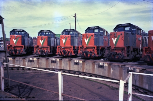 162-3-01
South Dynon Motive Power Depot, broad gauge turntable radial roads, V/Line diesel electric locomotives T class T 386 Clyde Engineering EMD model G8B serial 64-341, T 387 serial 65-417, T 401 Clyde Engineering EMD model G18B serial 67-496, T 402 serial 67-497 and T 405 serial 67-500, PTC Open Day.
Keywords: T-class;T386;Clyde-Engineering-Granville-NSW;EMD;G8B;64-341;