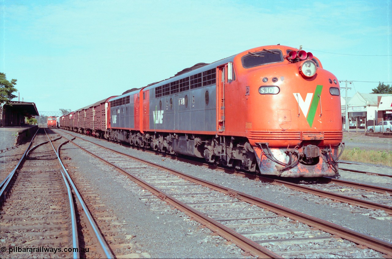 163-04
Seymour station yard, stabled V/Line down broad gauge Wodonga goods train in the rationalised yard behind the classic back to back pair of streamlined Bulldogs S classes S 307 'John Pascoe Fawkner' Clyde Engineering EMD model A7 serial 57-171' and S 311 'Sir Ferdinand von Mueller' serial 60-228 with a rake of louvre vans leading, stabled N class for running the Sunday night down Cobram sits opposite the station building and platform.
Keywords: S-class;S307;Clyde-Engineering-Granville-NSW;EMD;A7;57-171;bulldog;