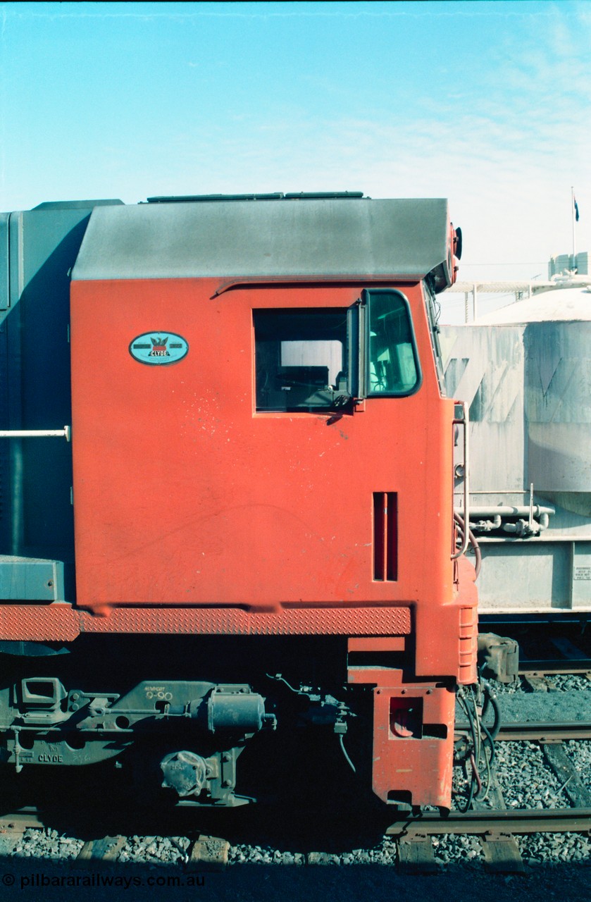 163-09
Seymour station yard, platform view, V/Line broad gauge N class loco N 474 'City of Traralgon' Clyde Engineering EMD model JT22HC-2 serial 87-1203, cab side shot.
Keywords: N-class;N474;Clyde-Engineering-Somerton-Victoria;EMD;JT22HC-2;87-1203;