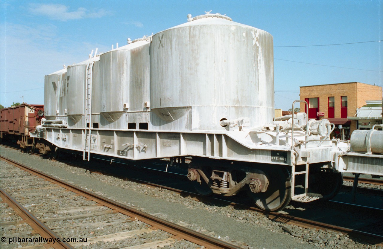 163-10
Seymour station yard, broad gauge V/Line VPLX type bogie pneumatic discharge lime waggon VPLX 3, converted from VPFX type pneumatic discharge flour waggon in 1989, which started out as an FX type built by Newport Workshops in August 1966.
Keywords: VPLX-type;VPLX3;Victorian-Railways-Newport-WS;FX-type;VPFX-type;