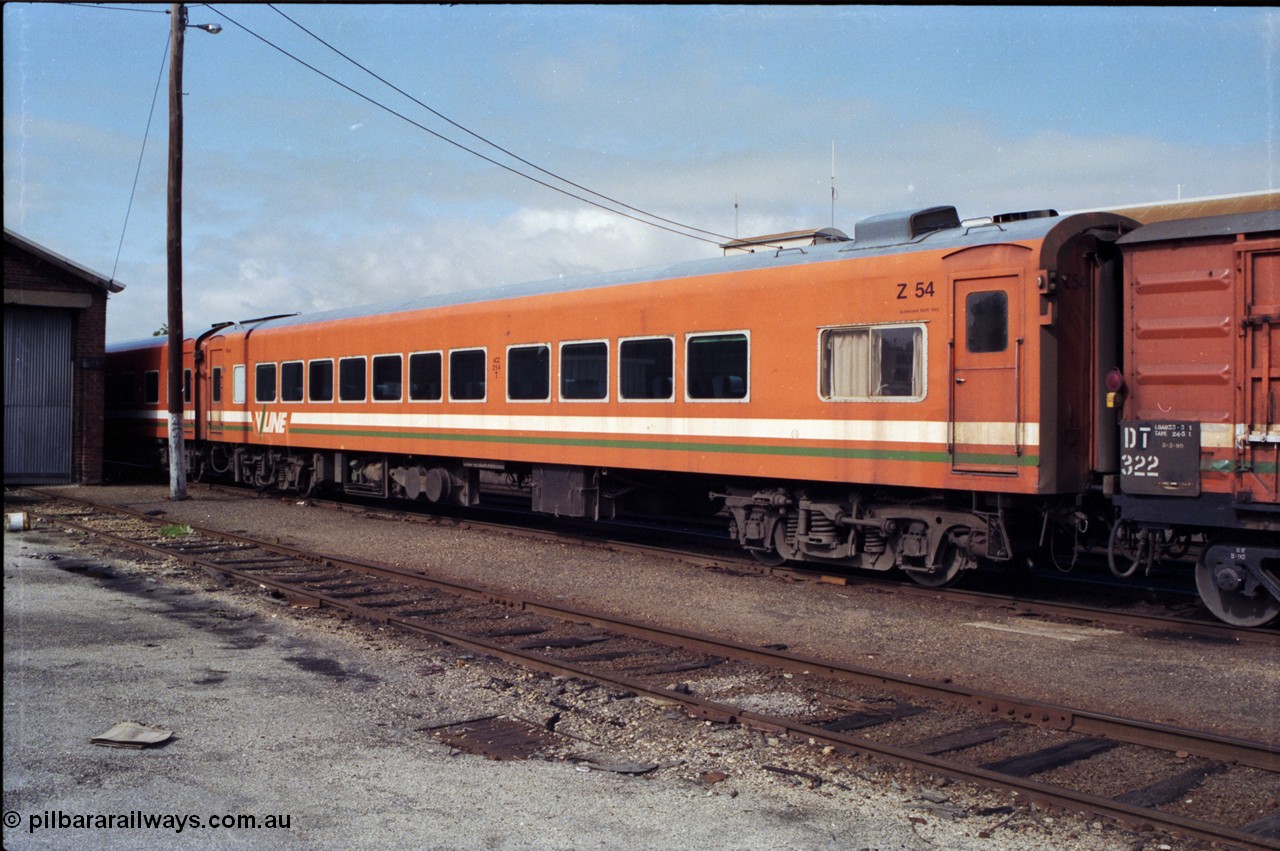 165-02
Wodonga, stabled V/Line broad gauge ACZ class bogie passenger carriage ACZ 254 part of Z set Z 54, built by Newport Workshops in November 1957 as AZ class AZ 4.
Keywords: ACZ-class;ACZ254;Victorian-Railways-Newport-WS;AZ-class;AZ4