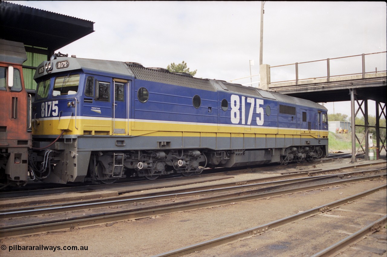 165-22
Albury loco depot fuel point, NSWSRA standard gauge 81 class loco 8175 Clyde Engineering EMD model JT26C-2SS serial 85-1094 in the new Freight Rail 'Stealth' livery.
Keywords: 81-class;8175;Clyde-Engineering-Kelso-NSW;EMD;JT26C-2SS;85-1094;