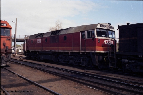 165-12
Albury loco depot fuel point, standard gauge NSWSRA 422 class 42219 Clyde Engineering EMD model J26C serial 69-674.
Keywords: 422-class;42219;Clyde-Engineering-Granville-NSW;EMD;J26C;69-674;