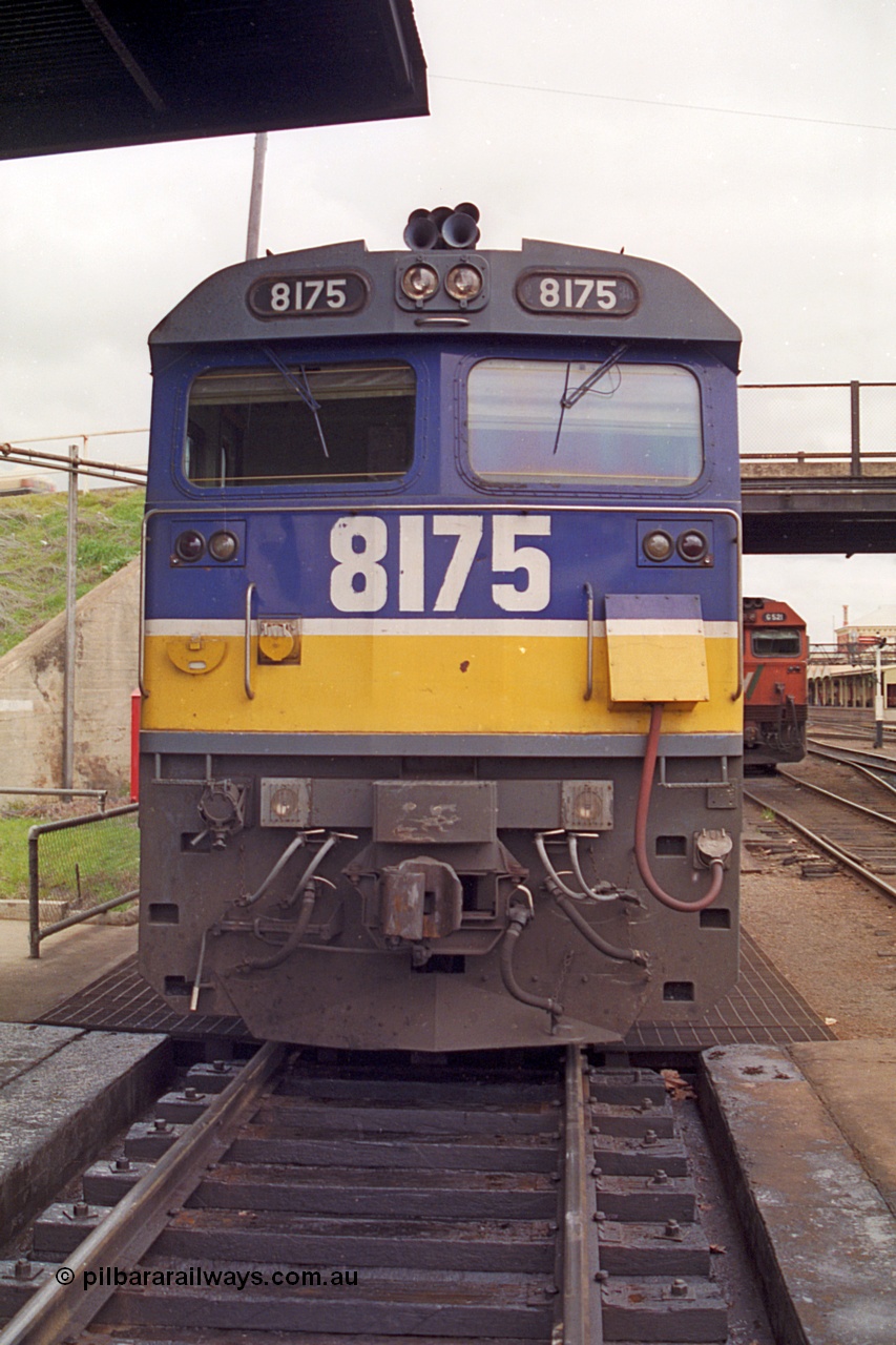 166-07
Albury loco depot fuel point, NSWSRA standard gauge 81 class locomotive 8175 Clyde Engineering EMD model JT26C-2SS serial 85-1094, cab front view in Freight Rail livery.
Keywords: 81-class;8175;Clyde-Engineering-Kelso-NSW;EMD;JT26C-2SS;85-1094;