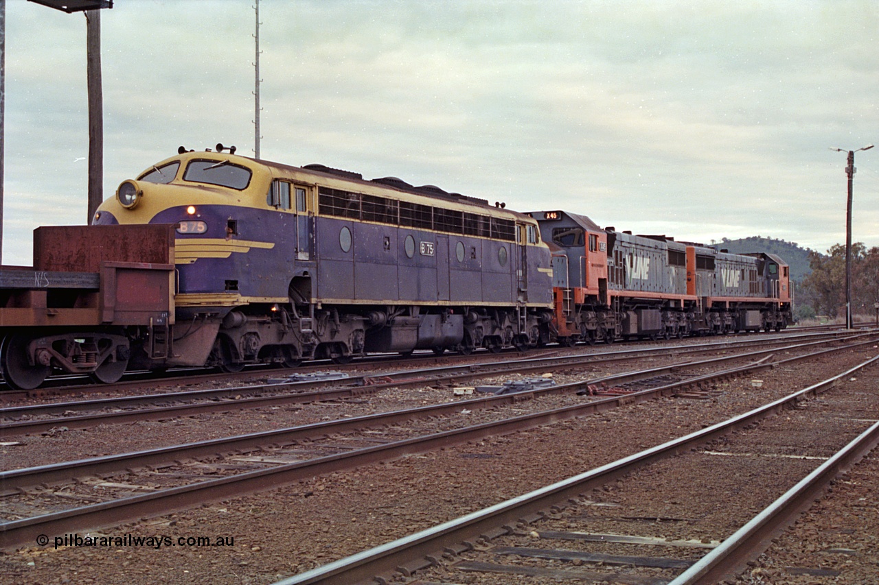 166-11
Albury South Yard, V/Line broad gauge up Long Island slab steel train 9334 awaits departure time behind the lash-up of X classes X 46 and X 45 'Edgar H Brownbill' Clyde Engineering EMD models G26C serials 75-793 and 75-792 with veteran B class Bulldog B 75 Clyde Engineering EMD model ML2 serial ML2-16.
Keywords: B-class;B75;Clyde-Engineering-Granville-NSW;EMD;ML2;ML2-16;bulldog;