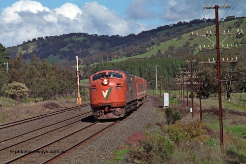166-21
Kilmore East, down V/Line broad gauge passenger train powered by Bulldog rebuild A class leader A 60 Clyde Engineering EMD model AAT22C-2R serial 84-1184 rebuilt from B class B 60 Clyde Engineering EMD model ML2 serial ML2-1 with N set blasts upgrade, the signal post on the standard gauge line is the Kilmore East home for the broad gauge crossing into the Apex Quarry Siding and numbered KME/6.
Keywords: A-class;A60;Clyde-Engineering-Rosewater-SA;EMD;AAT22C-2R;84-1184;rebuild;bulldog;