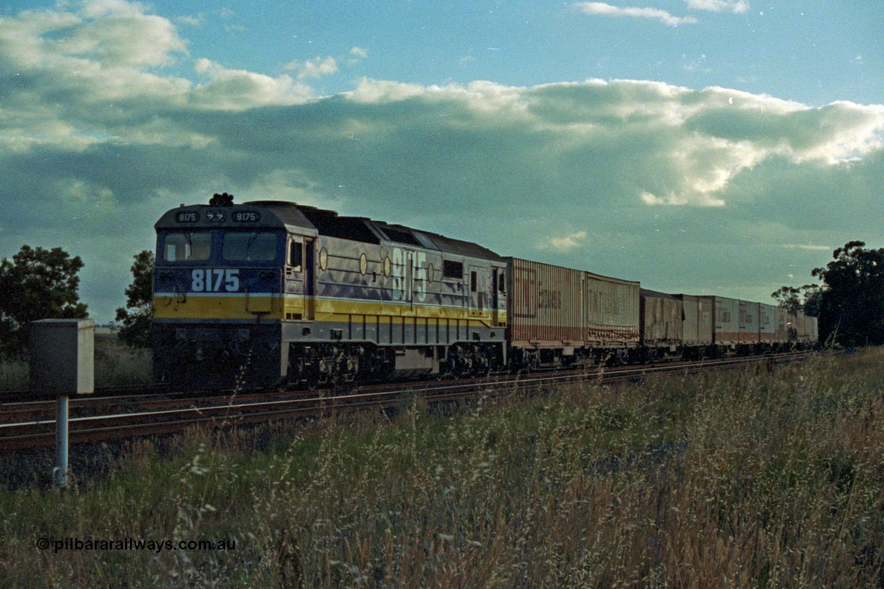 167-05
Wallan Loop, north end, standard gauge NSWSRA 81 class loco 8175 Clyde Engineering EMD model JT26C-2SS serial 85-1094 holds the loop awaiting a cross with the south bound Inter-Capital Daylight. 8175 is wearing the new Freight Rail 'Stealth' livery.
Keywords: 81-class;8175;Clyde-Engineering-Kelso-NSW;EMD;JT26C-2SS;85-1094;