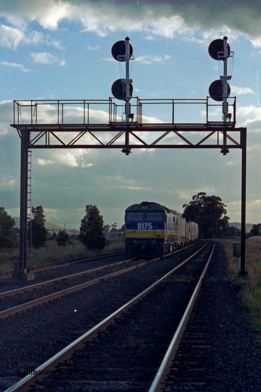 167-06
Wallan Loop, north end, standard gauge NSWSRA 81 class loco 8175 Clyde Engineering EMD model JT26C-2SS serial 85-1094 holds the loop awaiting a cross with the south bound Inter-Capital Daylight. 8175 is wearing the new Freight Rail 'Stealth' livery, side view.
Keywords: 81-class;8175;Clyde-Engineering-Kelso-NSW;EMD;JT26C-2SS;85-1094;