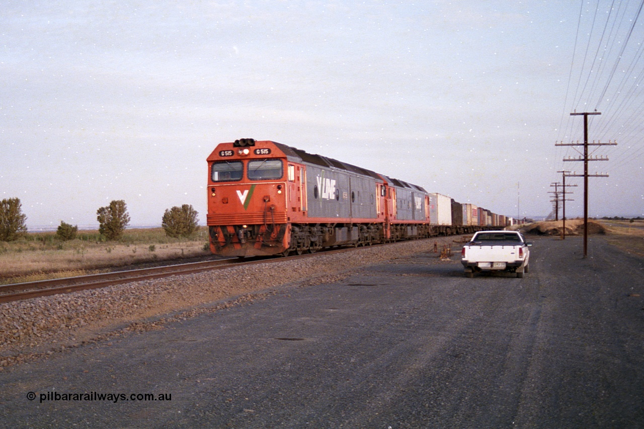 168-14
Bank Box Loop, broad gauge V/Line G class units G 515 Clyde Engineering EMD model JT26C-2SS serial 85-1243 leads G 529 serial 88-1259 with an Adelaide bound freighter.
Keywords: G-class;G515;Clyde-Engineering-Rosewater-SA;EMD;JT26C-2SS;85-1243;