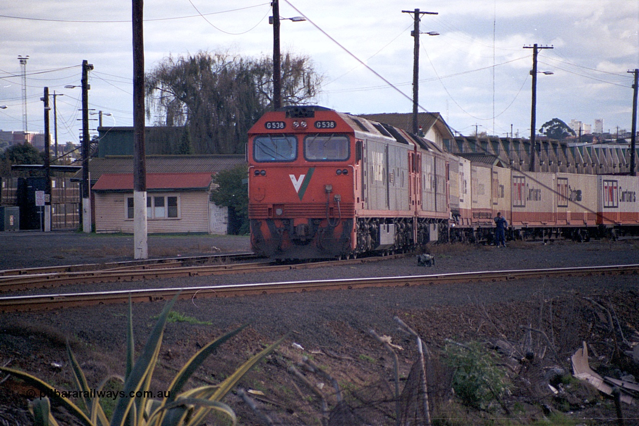 169-02
North Dynon, V/Line broad gauge G class locos G 538 Clyde Engineering EMD model JT26C-2SS serial 89-1271 and a sister have just arrived with 9150 up goods train from Adelaide, second person is winding on hand brakes.
Keywords: G-class;G538;Clyde-Engineering-Somerton-Victoria;EMD;JT26C-2SS;89-1271;