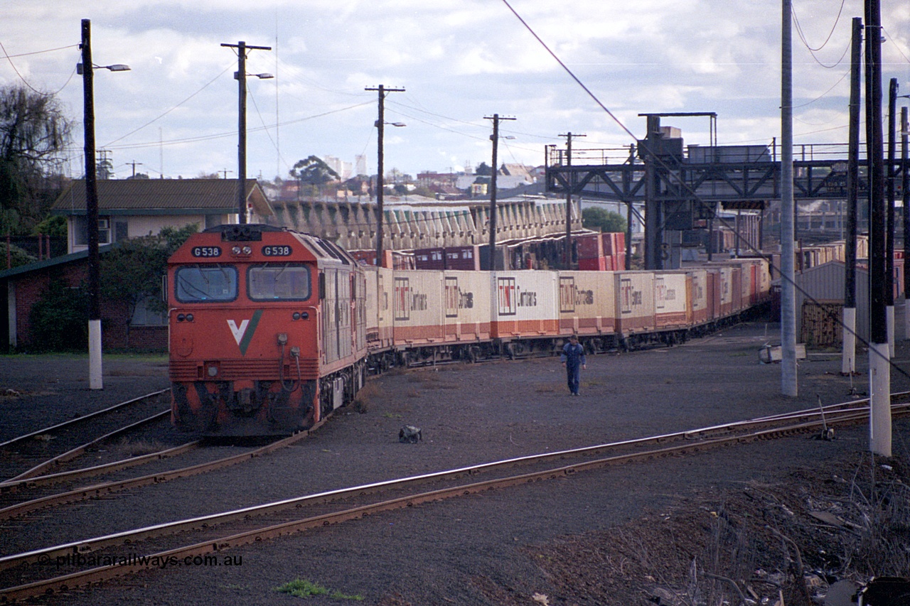 169-03
North Dynon, V/Line broad gauge G class locos G 538 Clyde Engineering EMD model JT26C-2SS serial 89-1271 and a sister have just arrived with 9150 up goods train from Adelaide, second person walking back to loco.
Keywords: G-class;G538;Clyde-Engineering-Somerton-Victoria;EMD;JT26C-2SS;89-1271;