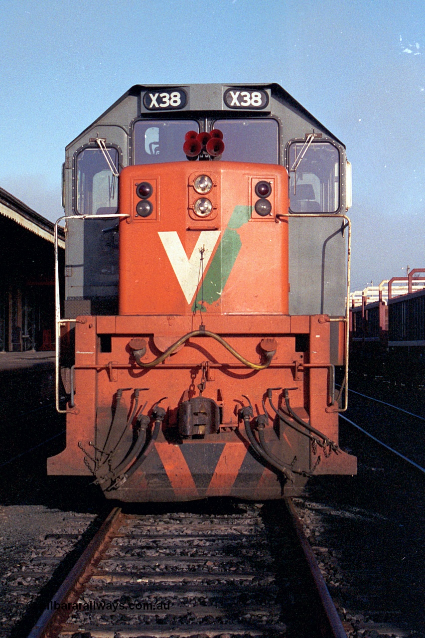 169-35
Seymour, station yard view, V/Line broad gauge locomotive X class X 38 Clyde Engineering EMD model G26C serial 70-701 stabled for the Sunday night down Cobram service, cab front view.
Keywords: X-class;X38;Clyde-Engineering-Granville-NSW;EMD;G26C;70-701;