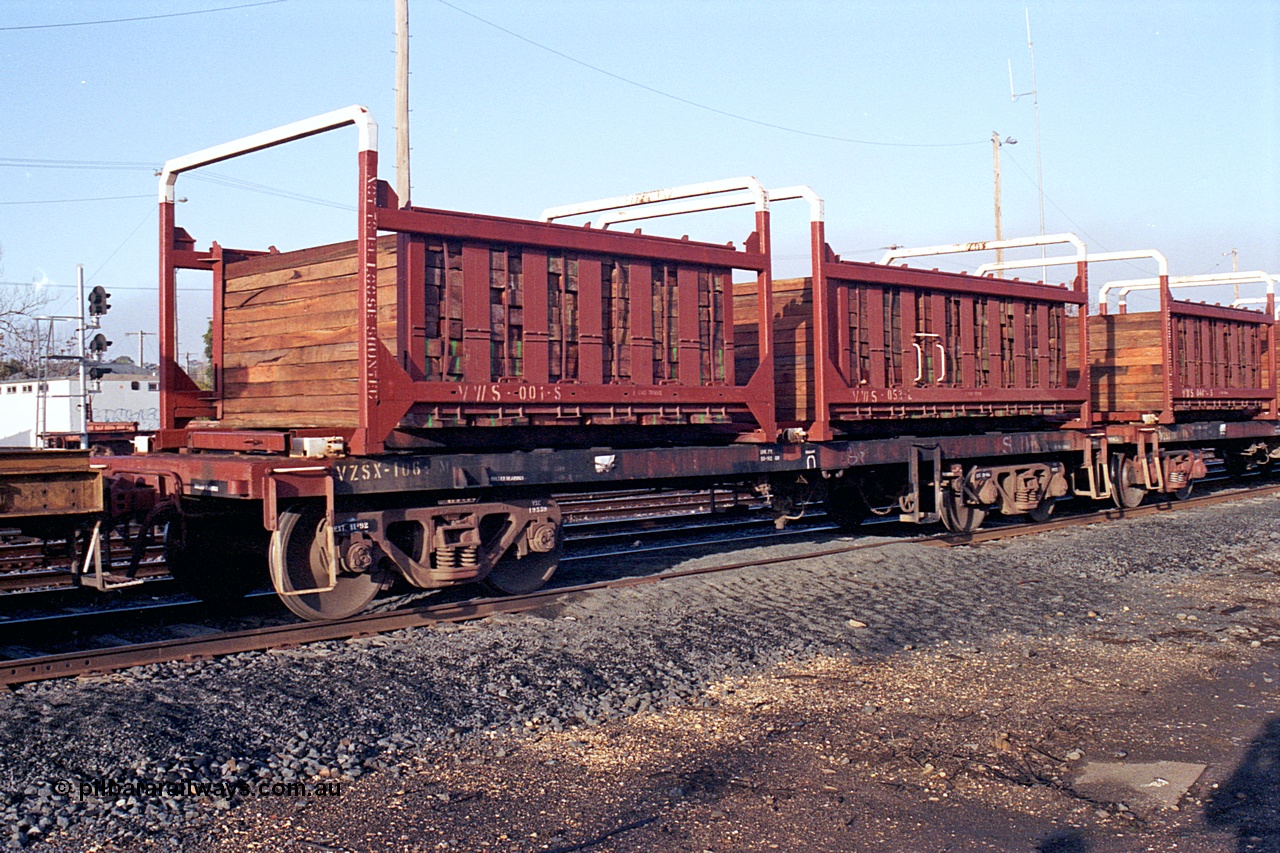 169-36
Seymour, V/Line broad gauge VZSX type bogie sleeper container transport waggon VZSX 106 with loaded VWS type sleeper containers VWS 001 and VWS 053. VZSX should be converted from Bendigo Workshops May 1963 build of VLF / VLX type louvre vans, recoded to VLCX in 1979. No details of the mods to VZSX.
Keywords: VZSX-type;VZSX106;VLF-type;VLX-type;VLCX-type;