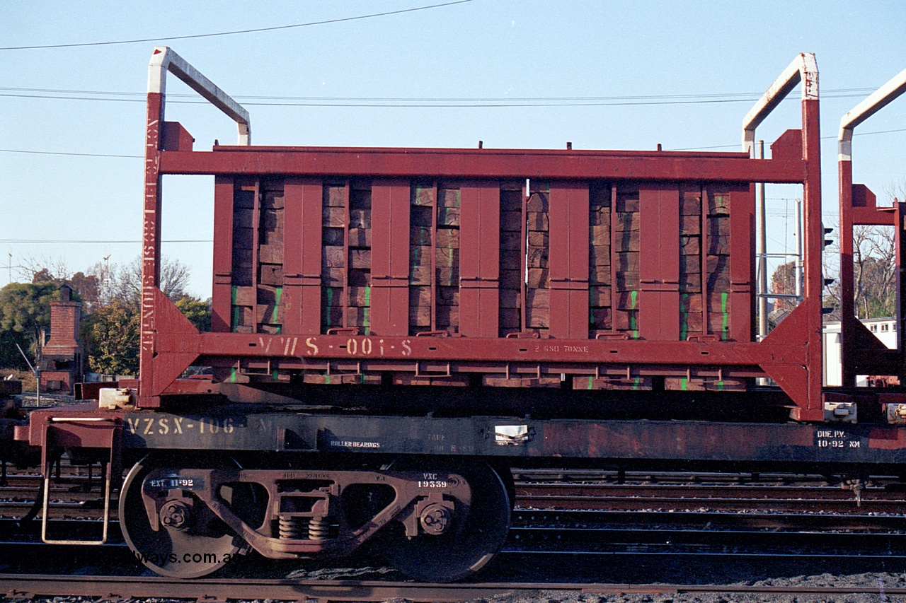 169-37
Seymour, V/Line broad gauge VZSX type bogie sleeper container transport waggon VZSX 106 with loaded VWS type sleeper containers VWS 001 and VWS 053. VZSX should be converted from Bendigo Workshops 1964/68 build of VLF / VLX type louvre vans, recoded to VLCX in 1979. No details of the mods to VZSX.
Keywords: VZSX-type;VZSX106;VLF-type;VLX-type;VLCX-type;