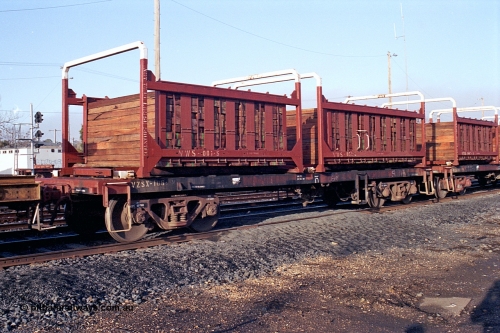 169-36
Seymour, V/Line broad gauge VZSX type bogie sleeper container transport waggon VZSX 106 with loaded VWS type sleeper containers VWS 001 and VWS 053. VZSX should be converted from Bendigo Workshops May 1963 build of VLF / VLX type louvre vans, recoded to VLCX in 1979. No details of the mods to VZSX.
Keywords: VZSX-type;VZSX106;VLF-type;VLX-type;VLCX-type;