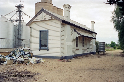 170-18
Goorambat, rear view of station building from car park, view across yard of Ascom and Williamstown style silo complexes.
