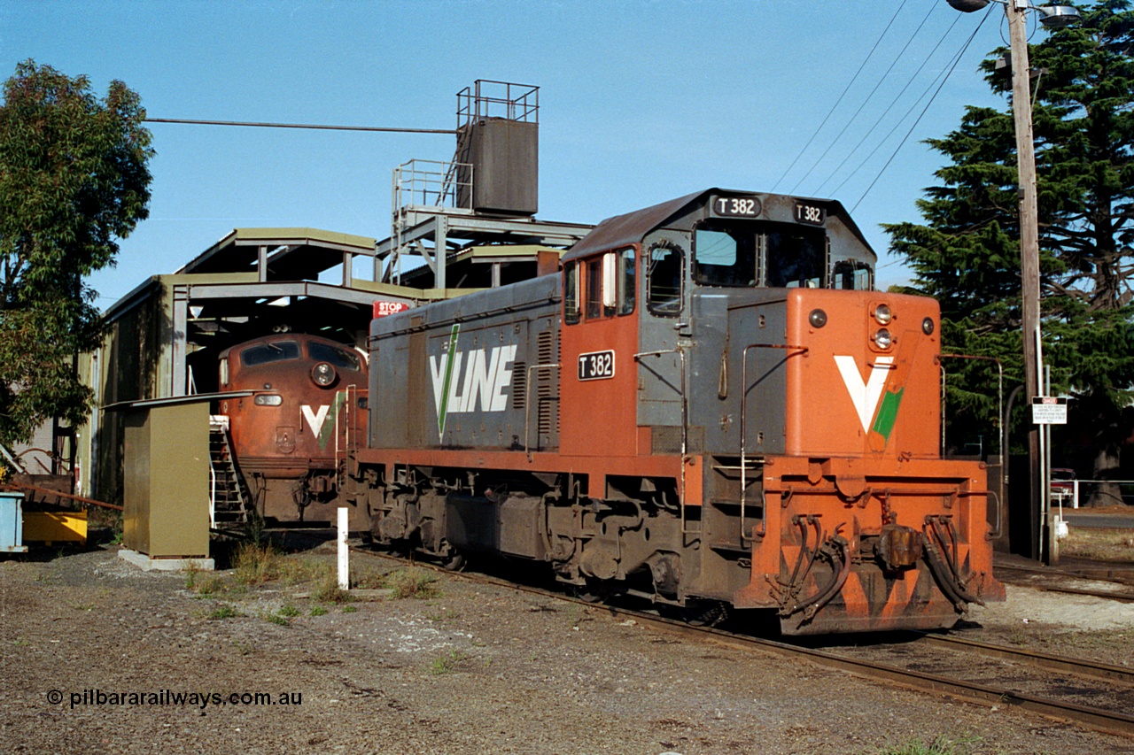 171-23
Ballarat East loco depot V/Line broad gauge locos T class T 382 Clyde Engineering EMD model G8B serial 64-337 and S class S 312 'Peter Lalor' Clyde Engineering EMD model A7 serial 60-229 at the fuel point and sand plant.
Keywords: T-class;T382;Clyde-Engineering-Granville-NSW;EMD;G8B;64-337;