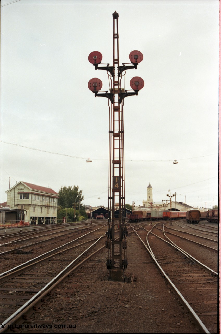 172-15
Ballarat yard view, disc signal post 14, looking towards station, Ballarat A signal box at left.
