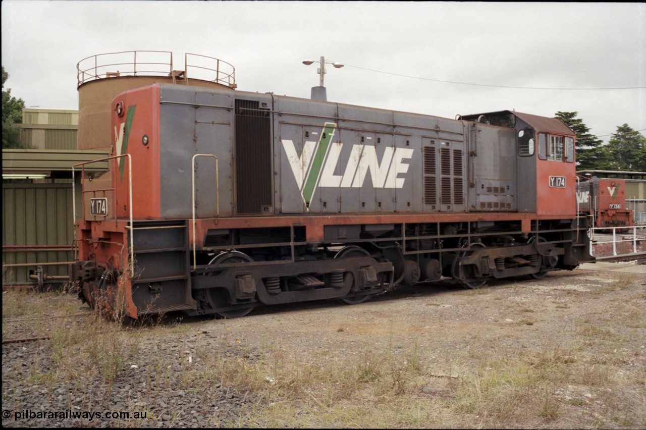 172-26
Ballarat East loco depot, V/Line broad gauge Y class Y 174 Clyde Engineering EMD model G6B serial 68-594.
Keywords: Y-class;Y174;Clyde-Engineering-Granville-NSW;EMD;G6B;68-594;