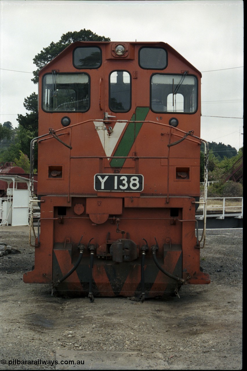 172-29
Ballarat East loco depot, turntable radial roads, V/Line broad gauge Y class Y 138 Clyde Engineering EMD model G6B serial 65-404, cab front shot.
Keywords: Y-class;Y138;65-404;Clyde-Engineering-Granville-NSW;EMD;G6B;
