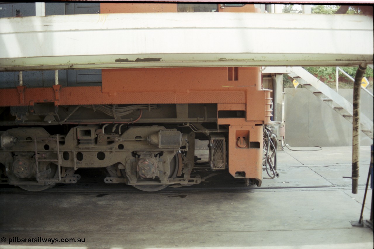 172-30
Ballarat East loco depot, V/Line broad gauge N class N 473 'City of Warragul' Clyde Engineering EMD model JT22HC-2 serial 87-1202, detail shot of front axle, pilot.
Keywords: N-class;N473;Clyde-Engineering-Somerton-Victoria;EMD;JT22HC-2;87-1202;