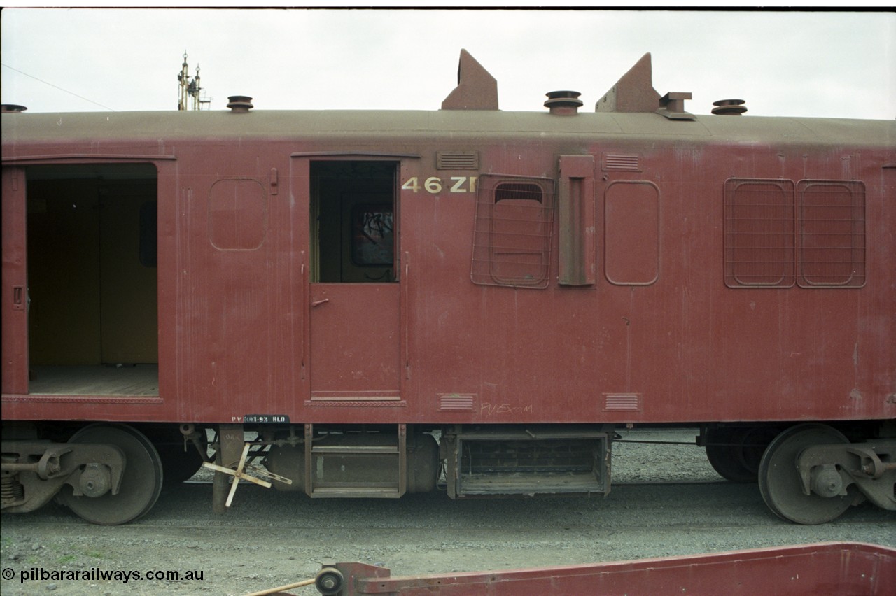 172-35
Ballarat East loco depot, Victorian Railways broad gauge ZF type bogie guards van ZF 46, built by Bendigo Workshops April 1973, one of a batch of thirty five, side detail view.
Keywords: ZF-van;ZF46;Victorian-Railways-Bendigo-WS;