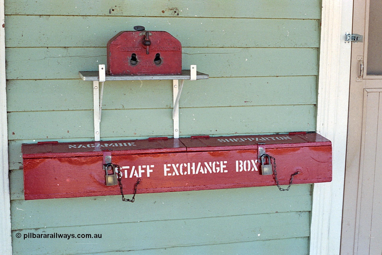 173-11
Murchison East, station platform, staff exchange box and staff storage box for when station is unattended, fitted to the side of the station building.
