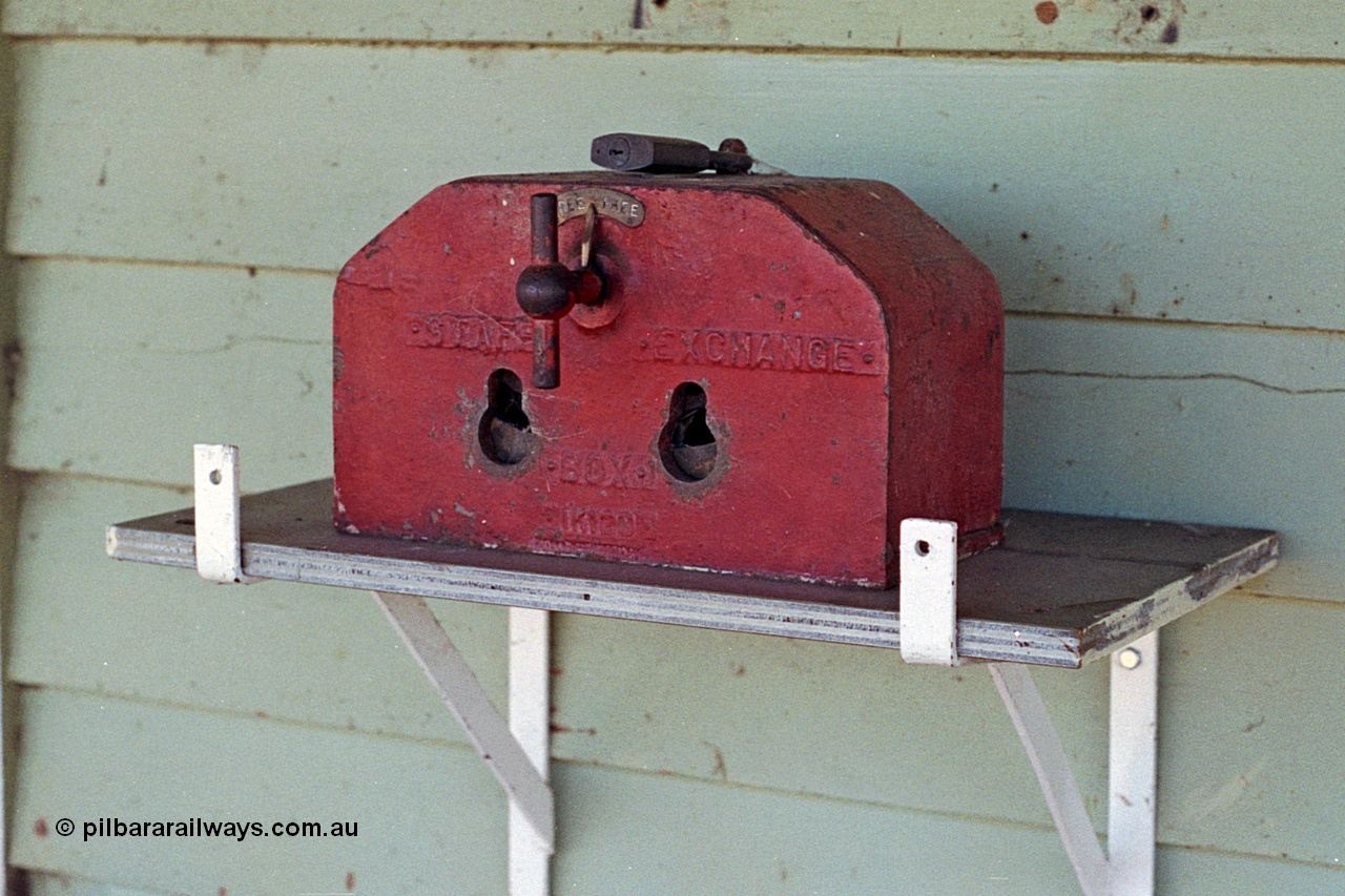 173-12
Murchison East, station platform, staff exchange box, mounted above staff box on station wall.
