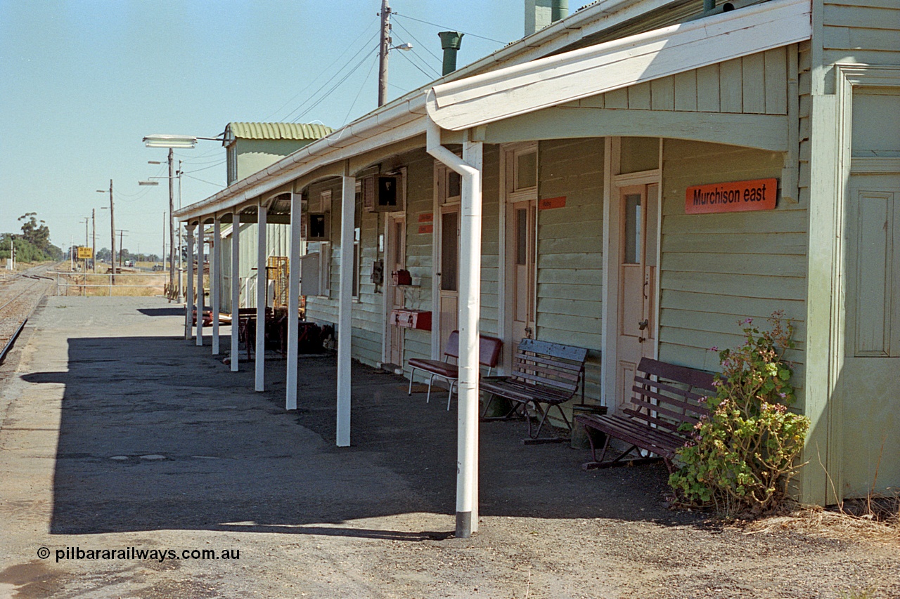 173-13
Murchison East, station building and platform view looking towards Melbourne, staff exchange box is visible on the wall.
