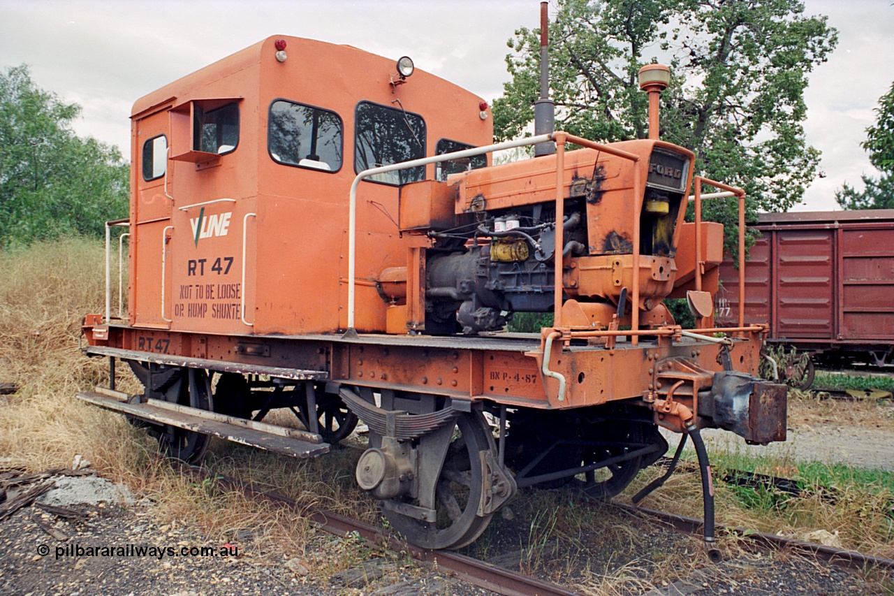 174-06
Wodonga, loco depot, turntable radial roads, V/Line broad gauge diesel mechanical RT class rail tractor RT 47, originally a Victorian Railways built I type waggon I 7214 from 1904, modified to IA type in 1934, rebuilt to RT class by Ballarat North Workshops in 1969.
Keywords: RT-class;RT47;Victorian-Railways-Ballarat-Nth-WS;I-type;I7214;