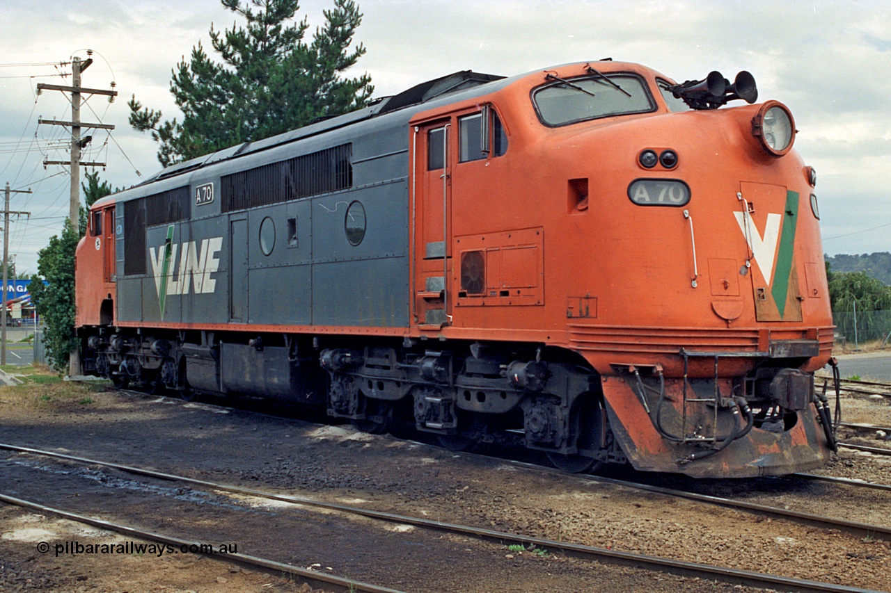 174-07
Wodonga, loco depot, turntable radial roads, V/Line broad gauge Bulldog locomotive A class A 70 Clyde Engineering EMD model AAT22C-2R serial 84-1187 rebuilt from B class B 70 Clyde Engineering EMD model ML2 serial ML2-11.
Keywords: A-class;A70;Clyde-Engineering-Rosewater-SA;EMD;AAT22C-2R;84-1187;rebuild;bulldog;