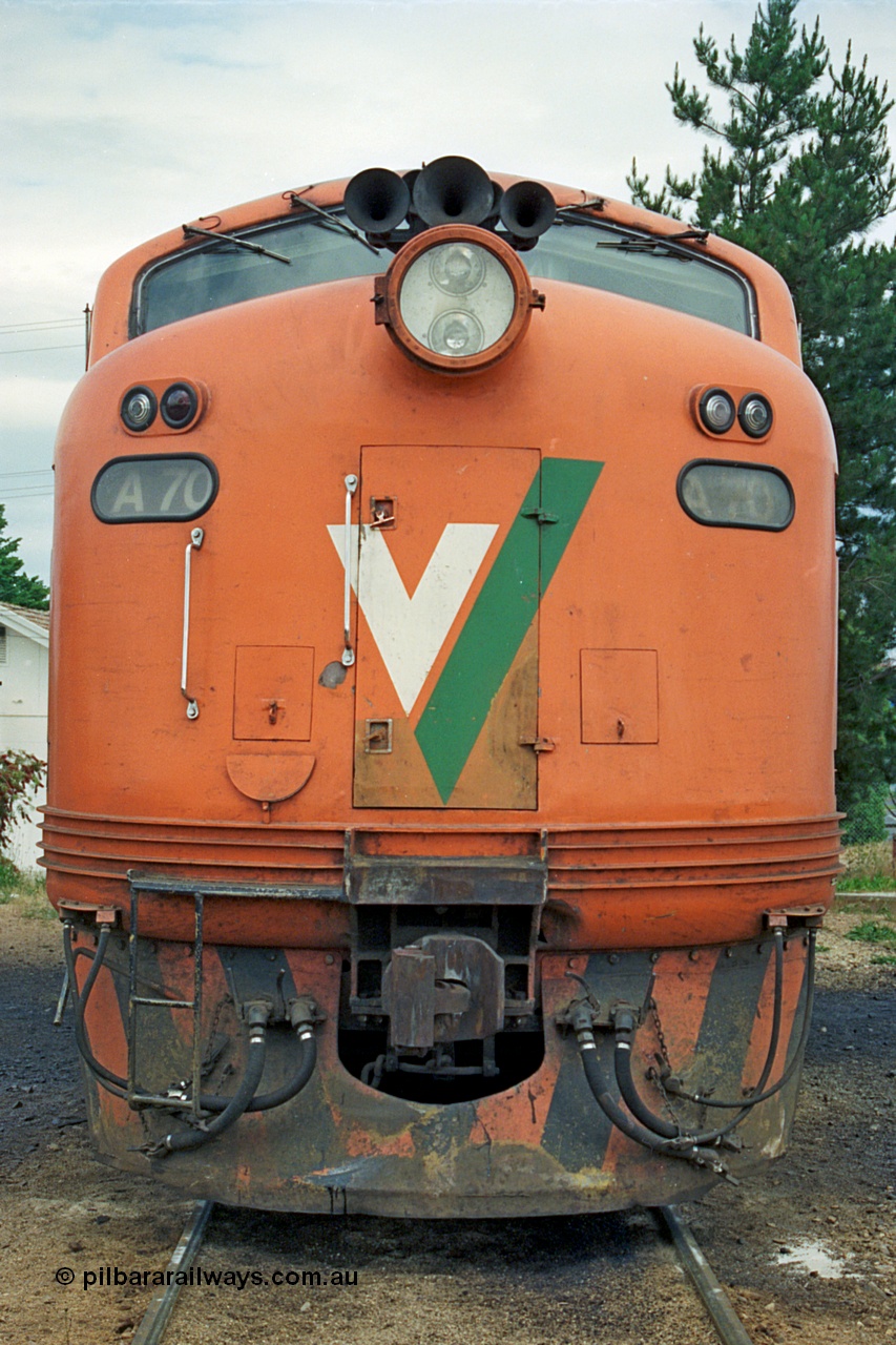 174-10
Wodonga, loco depot, turntable radial roads, V/Line broad gauge Bulldog locomotive A class A 70 Clyde Engineering EMD model AAT22C-2R serial 84-1187 rebuilt from B class B 70 Clyde Engineering EMD model ML2 serial ML2-11, cab front view.
Keywords: A-class;A70;Clyde-Engineering-Rosewater-SA;EMD;AAT22C-2R;84-1187;rebuild;bulldog;