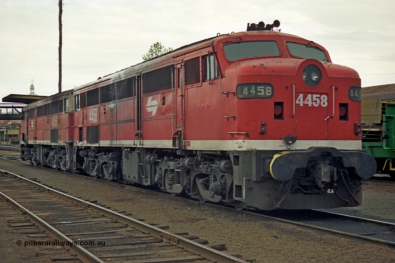 174-12
Albury loco depot, fuel point area, NSWSRA standard gauge 44 class locomotives in Red Terror livery 4458 AE Goodwin ALCo model DL500B serial 83748 and 4456 AE Goodwin ALCo model DL500B serial 83746.
Keywords: 44-class;4458;AE-Goodwin;ALCo;DL500B;83748;