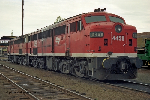 174-12
Albury loco depot, fuel point area, NSWSRA standard gauge 44 class locomotives in Red Terror livery 4458 AE Goodwin ALCo model DL500B serial 83748 and 4456 AE Goodwin ALCo model DL500B serial 83746.
Keywords: 44-class;4458;AE-Goodwin;ALCo;DL500B;83748;