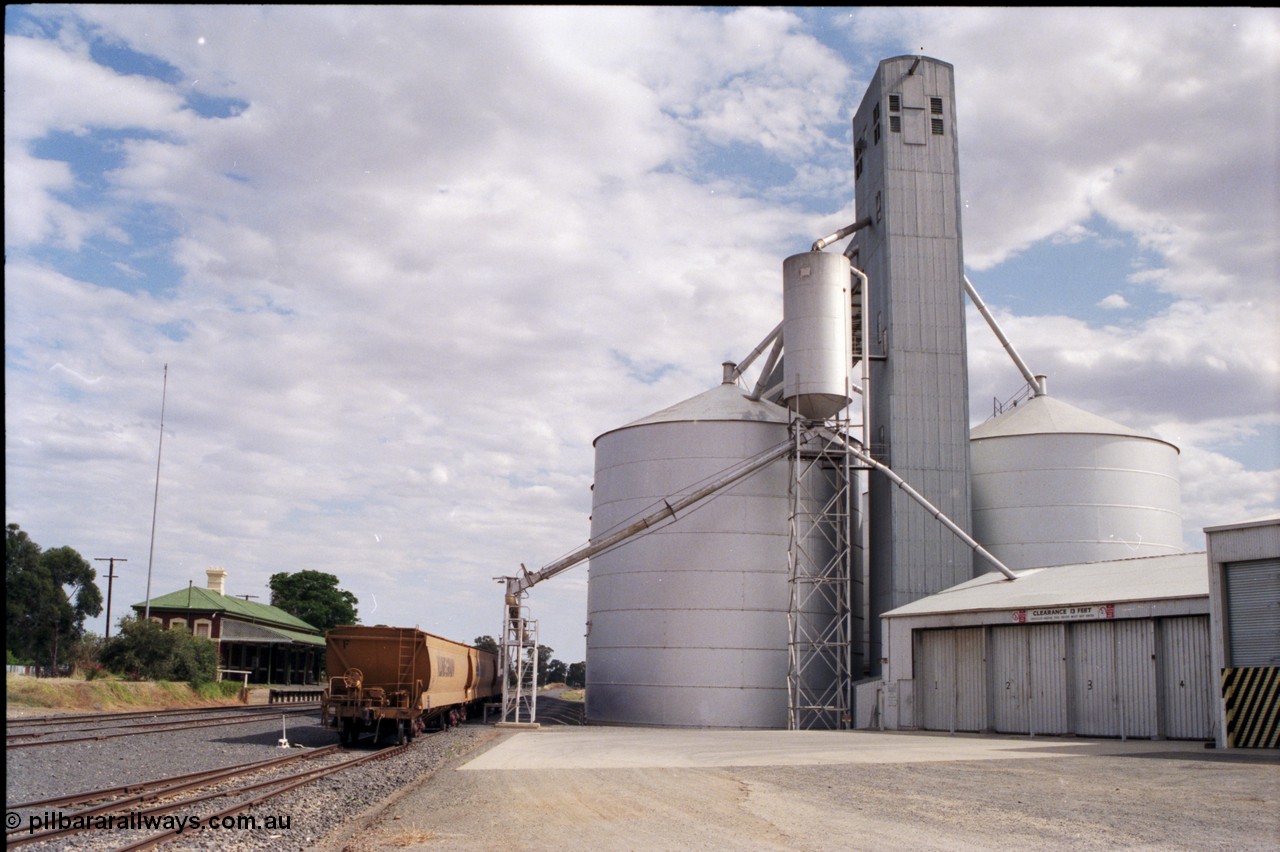 176-01
Yarrawonga, yard view with Grain Elevators Board sub-terminal Ascom style silo complex, surge hopper and train load-out spout, V/Line Grain broad gauge VHGF class bogie grain waggons, station building and platform at left, looking south.
