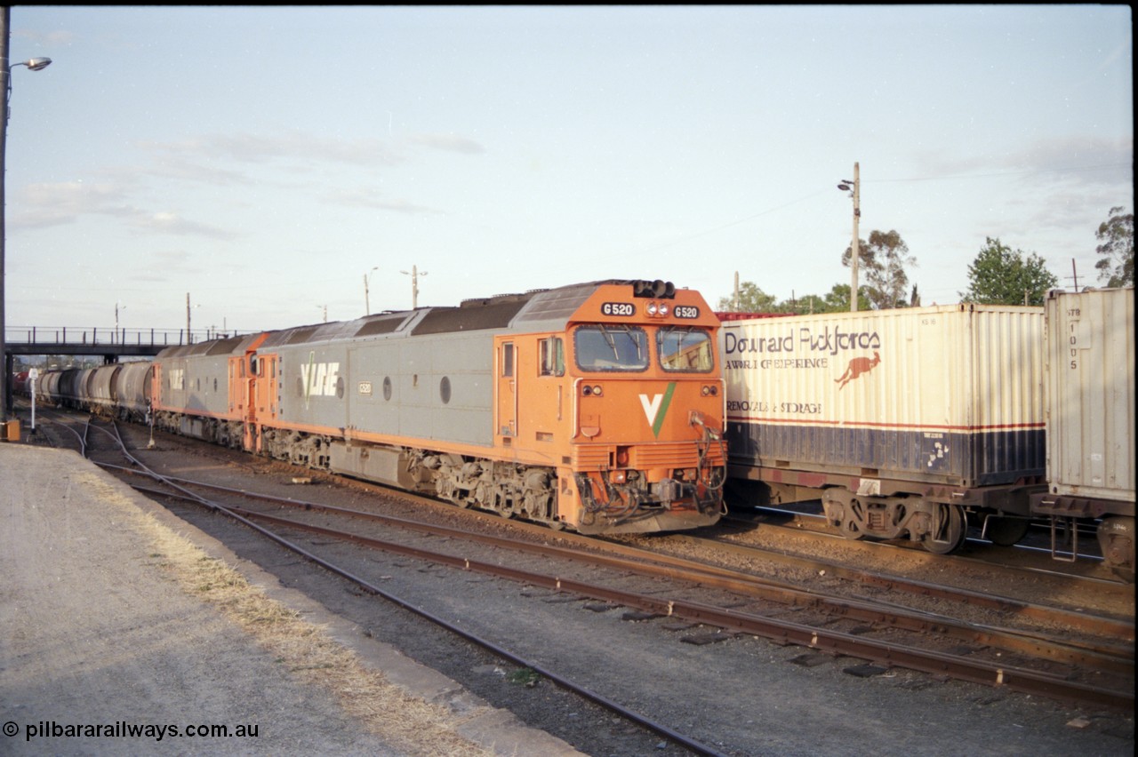 176-19
Albury, a pair of V/Line standard gauge G class units, lead by G 520 Clyde Engineering EMD model JT26C-2SS serial 85-1233 bring an up goods train bound for Melbourne into the platform for a crew change.
Keywords: G-class;G520;Clyde-Engineering-Rosewater-SA;EMD;JT26C-2SS;85-1233;