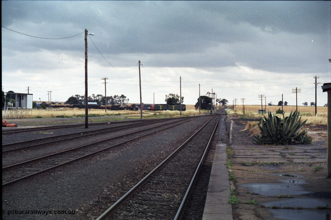 178-11
Maroona, station yard overview looking towards Portland from the platform as V/Line's down Adelaide goods train 9169 swings off the Cressy line behind with the quad combo of a pair of Australian National BL class locomotives BL 27 Clyde Engineering EMD model JT26C-2SS serial 83-1011 and class leader BL 26 'Bob Hawke' serial 83-1010 and V/Line S class S 313 'Alfred Deakin' Clyde Engineering EMD model A7 serial 61-230 and X class X 53 Clyde Engineering EMD model G26C serial 75-800.
