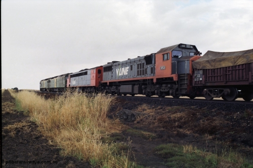 178-10
Tatyoon, down V/Line broad gauge goods train to Adelaide 9169 power towards Ararat with the quad combo of a pair of Australian National BL class locomotives BL 27 Clyde Engineering EMD model JT26C-2SS serial 83-1011 and class leader BL 26 'Bob Hawke' serial 83-1010 and V/Line S class S 313 'Alfred Deakin' Clyde Engineering EMD model A7 serial 61-230 and V/Line X class loco X 53 with serial 75-800 a Clyde Engineering Rosewater SA built EMD model G26C, BL 27 had Paul Keating drawn on the LHS cab as it was just after he'd taken the Labor Party leadership and the Prime Ministership off Bob Hawke.
Keywords: X-class;X53;Clyde-Engineering-Rosewater-SA;EMD;G26C;75-800;