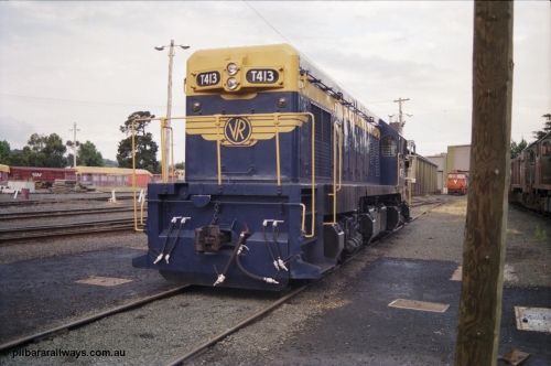 178-21
Ballarat East loco depot, former Australian Portland Cement loco, then bought by Victorian Railways and the only T class with a dynamic brake, T 413 'Wesley B. Mc Cann' Clyde Engineering EMD model G8B serial 56-107, long hood view.
Keywords: T-class;T413;Clyde-Engineering-Granville-NSW;EMD;G8B;56-107;