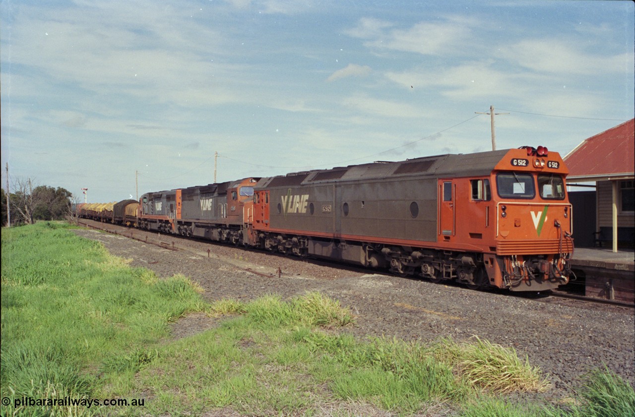 179-18
Gheringhap, V/Line broad gauge goods train 9169 to Adelaide behind G class G 512 Clyde Engineering EMD model JT26C-2SS serial 84-1240 and C classes C 510 Clyde Engineering EMD model GT26C serial 76-833 and C 509 serial 76-832 as they stand at the platform awaiting a train order to continue on towards Ararat on the Maroona line.
Keywords: G-class;G512;Clyde-Engineering-Rosewater-SA;EMD;JT26C-2SS;84-1240;