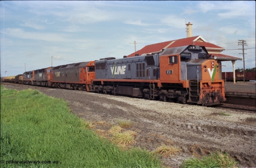 179-14
Gheringhap, V/Line broad gauge X class locomotive X 51 Clyde Engineering EMD model G26C serial 75-798 leads an impressive quad lash-up with G class G 512 Clyde Engineering EMD model JT26C-2SS serial 84-1240 and C classes C 510 Clyde Engineering EMD model GT26C serial 76-833 and C 509 serial 76-832 as they stand at the platform with train number 9169 down goods to Adelaide.
Keywords: X-class;X51;Clyde-Engineering-Rosewater-SA;EMD;G26C;75-798;