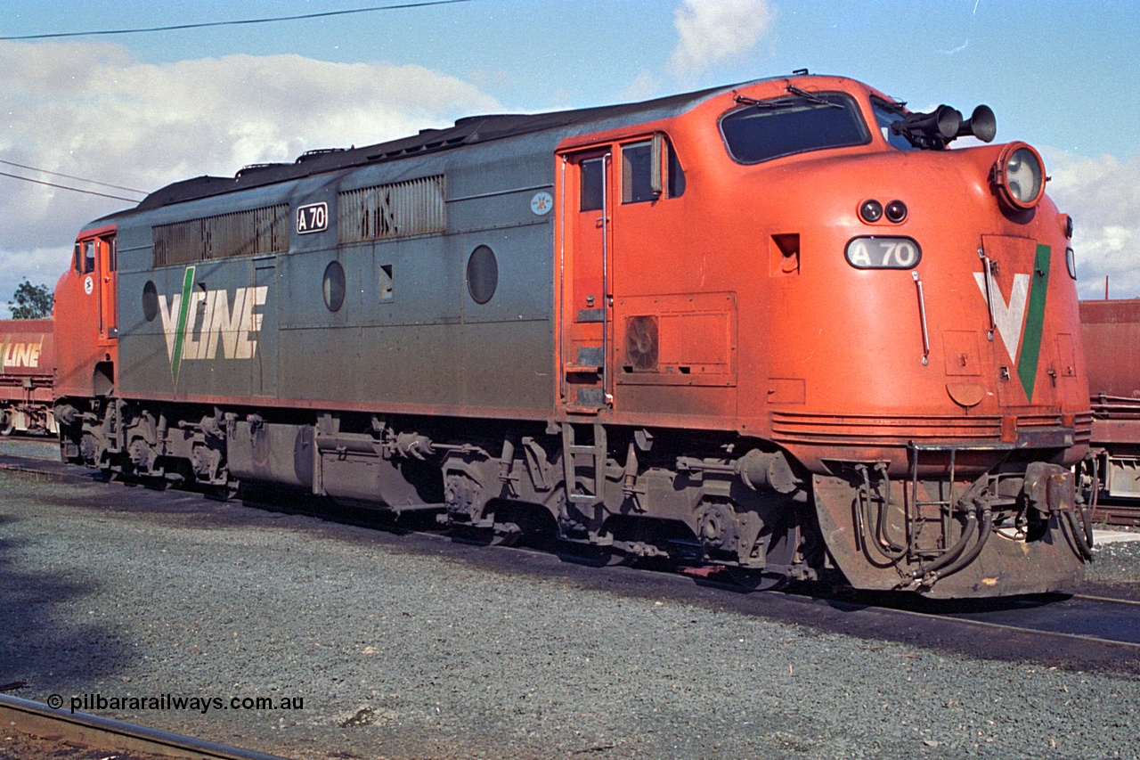 180-01
Seymour loco depot, broad gauge V/Line Bulldog locomotive A class A 70 Clyde Engineering EMD model AAT22C-2R serial 84-1187 rebuilt from B class B 70 Clyde Engineering EMD model ML2 serial ML2-11.
Keywords: A-class;A70;Clyde-Engineering-Rosewater-SA;EMD;AAT22C-2R;84-1187;rebuild;bulldog;