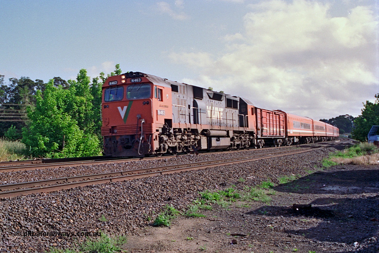 180-06
Seymour, an up broad gauge V/Line Albury passenger train passes the loco depot behind N class N 463 'City of Bendigo' Clyde Engineering EMD model JT22HC-2 serial 86-1192 with D van and Z set in tow, the line in the foreground is the standard gauge line.
Keywords: N-class;N463;Clyde-Engineering-Somerton-Victoria;EMD;JT22HC-2;86-1192;