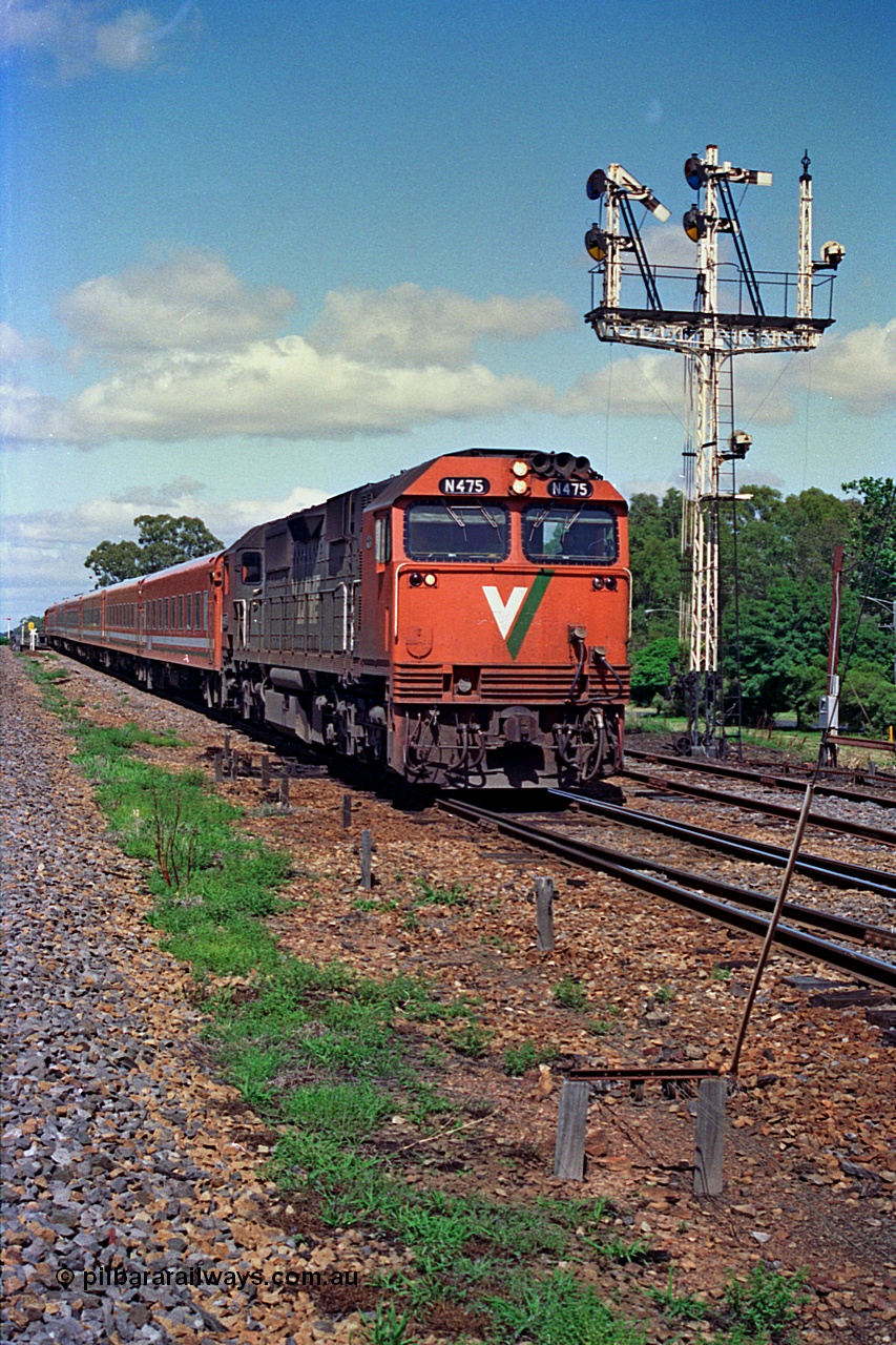 180-07
Benalla, the broad gauge V/Line down Albury passenger service behind the last member of the N class locomotives N 475 'City of Moe' Clyde Engineering EMD model JT22HC-2 serial 87-1204 passes the impressive semaphore signal post No.2, the down home, Siding A is to the right of the train, the ballast line on the left is for the standard gauge.
Keywords: N-class;N475;Clyde-Engineering-Somerton-Victoria;EMD;JT22HC-2;87-1204;