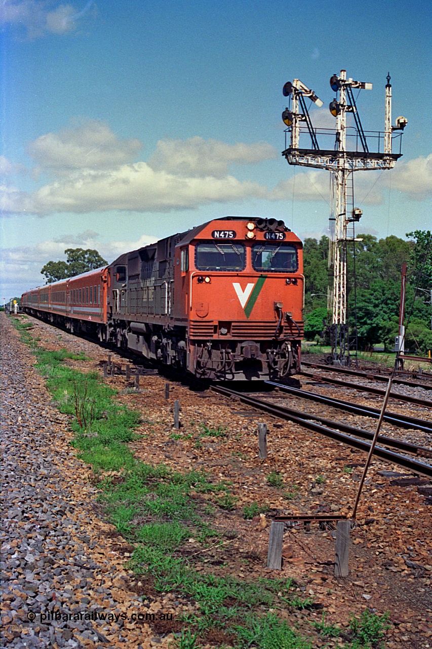 180-07
Benalla, the broad gauge V/Line down Albury passenger service behind the last member of the N class locomotives N 475 'City of Moe' Clyde Engineering EMD model JT22HC-2 serial 87-1204 passes the impressive semaphore signal post No.2, the down home, Siding A is to the right of the train, the ballast line on the left is for the standard gauge.
Keywords: N-class;N475;Clyde-Engineering-Somerton-Victoria;EMD;JT22HC-2;87-1204;