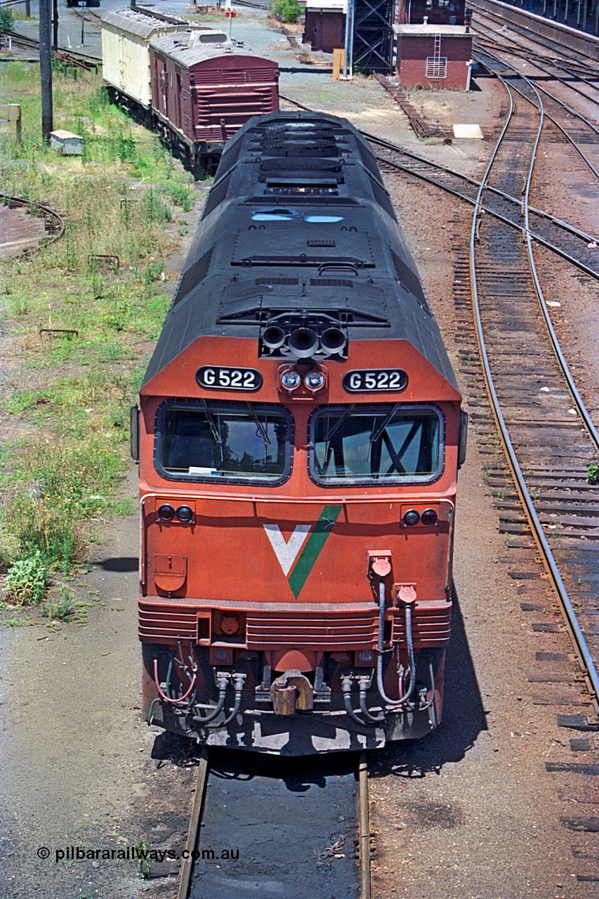 180-17
Albury, NSW, loco depot, V/Line standard gauge G class locomotive G 522 Clyde Engineering EMD model JT26C-2SS serial 86-1235 rests between jobs, elevated vertical view.
Keywords: G-class;G522;Clyde-Engineering-Rosewater-SA;EMD;JT26C-2SS;86-1235;