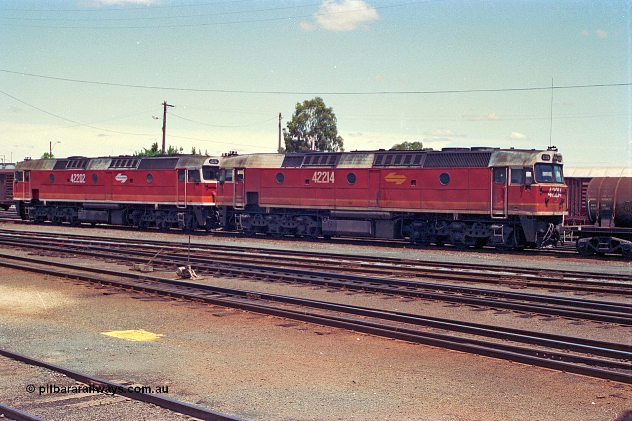 180-20
Albury, NSW, yard view looking across from the depot, two standard gauge NSWSRA 422 class locomotives 42202 Clyde Engineering EMD model J26C serial 69-657 and 42214 serial 69-669.
Keywords: 422-class;42202;42214;Clyde-Engineering-Granville-NSW;EMD;J26C;69-657;69-669;