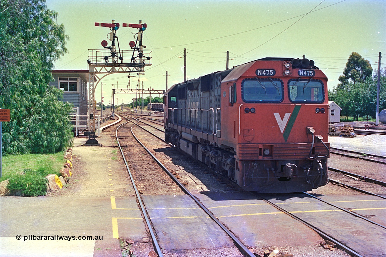 180-37
Wodonga, the last member of V/Line broad gauge N class locomotives N 475 'City of Moe' Clyde Engineering EMD model JT22HC-2 serial 87-1204 stands near the signal box and semaphore signal post No.19 shut down having bought the morning down passenger service from Melbourne.
Keywords: N-class;N475;Clyde-Engineering-Somerton-Victoria;EMD;JT22HC-2;87-1204;