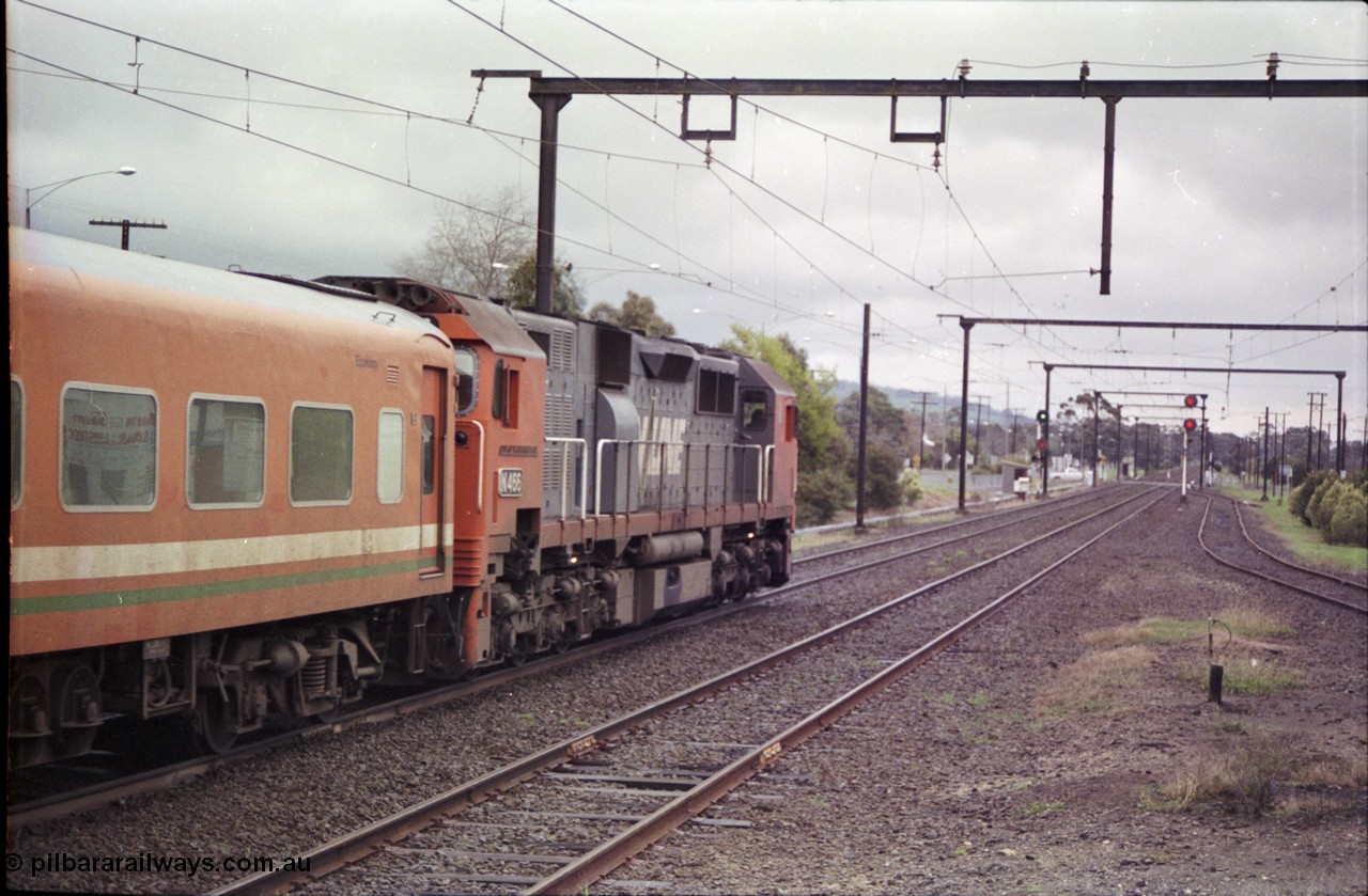 181-02
Trafalgar station, V/Line broad gauge up passenger train consisting of N class N 466 'City of Warrnambool' Clyde Engineering EMD model JT22HC-2 serial 86-1195 and N set departing.
Keywords: N-class;N466;Clyde-Engineering-Somerton-Victoria;EMD;JT22HC-2;86-1195;